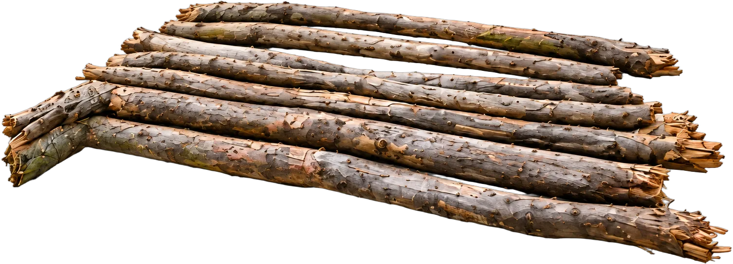Holzfloß: Längshölzer, fotorealistisch rekonstruierter Bauzustand.